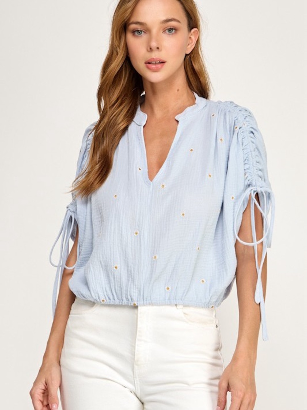 Millibon Light Blue Gauze Short Sleeve Top with Embroidered Daisies